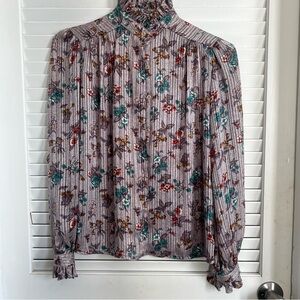 Vintage Floral High Neck Blouse Size S/M Cottagecore Boho Sheer Puff Sleeve